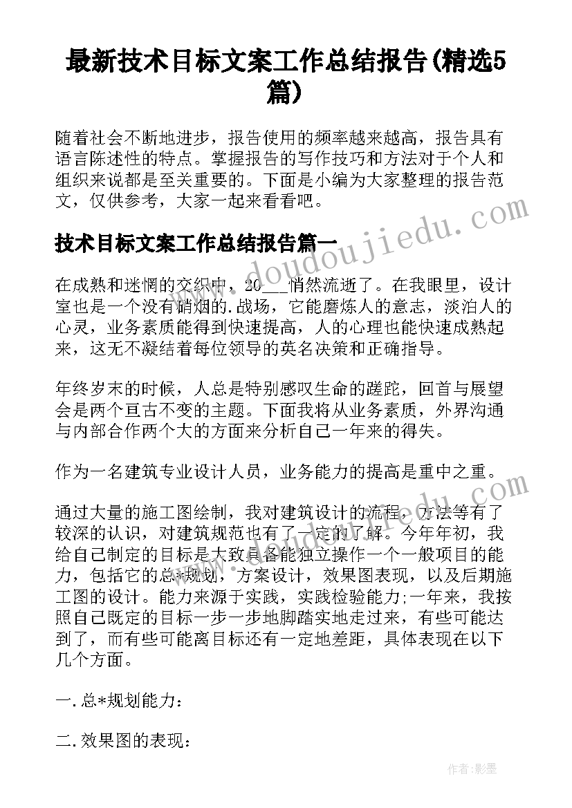 最新技术目标文案工作总结报告(精选5篇)