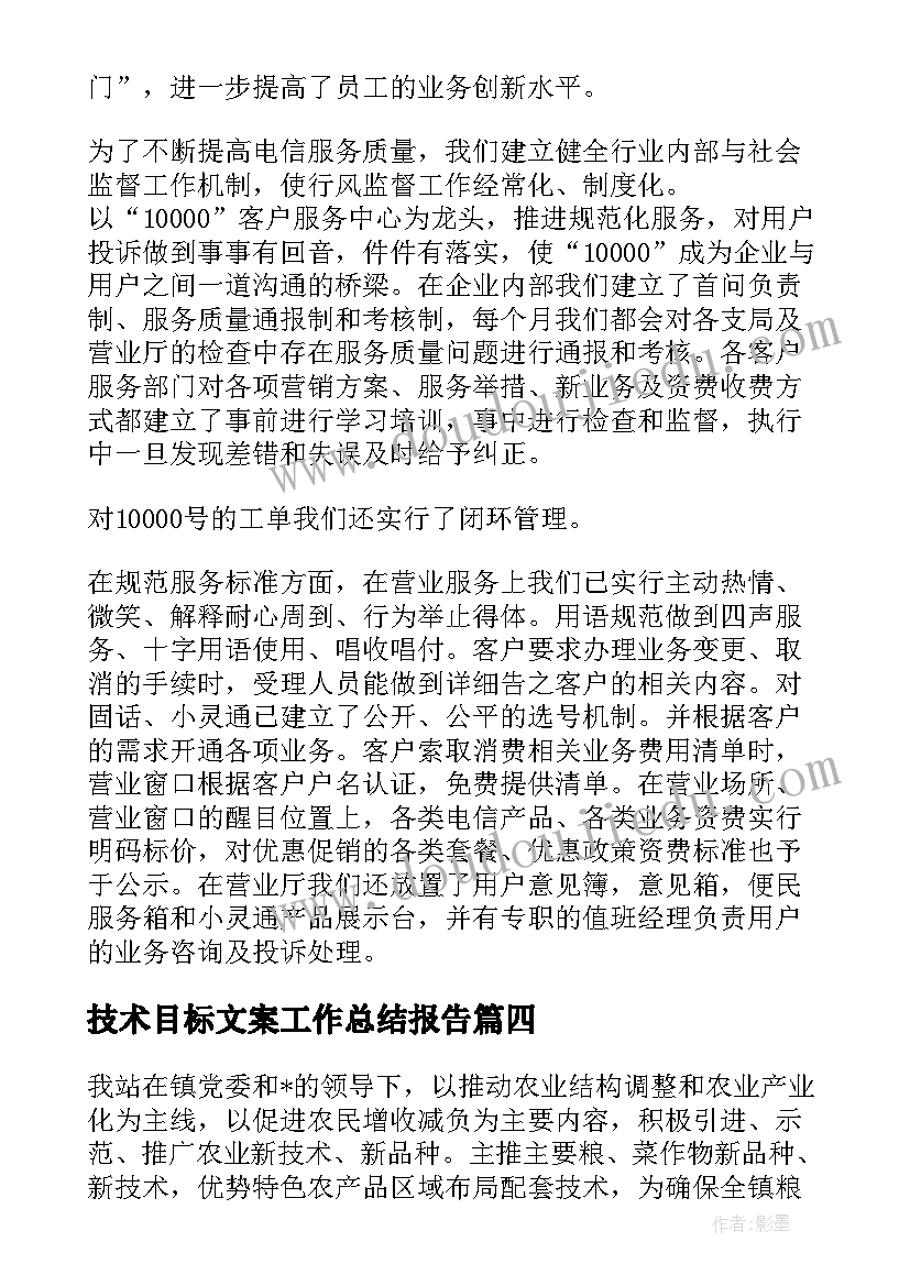 最新技术目标文案工作总结报告(精选5篇)