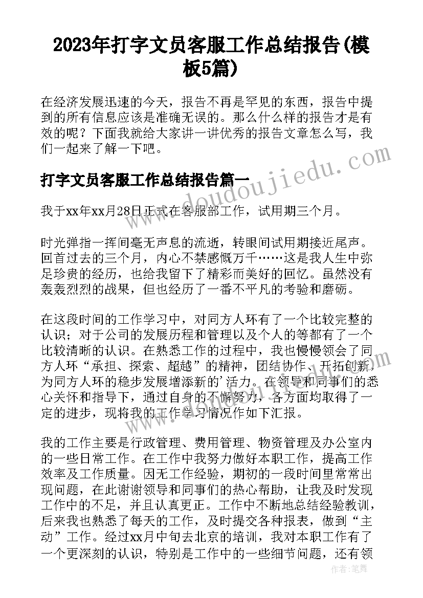 2023年打字文员客服工作总结报告(模板5篇)