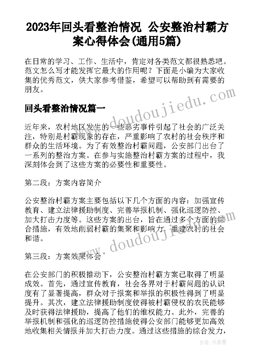 2023年回头看整治情况 公安整治村霸方案心得体会(通用5篇)