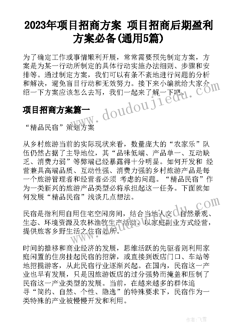 2023年项目招商方案 项目招商后期盈利方案必备(通用5篇)