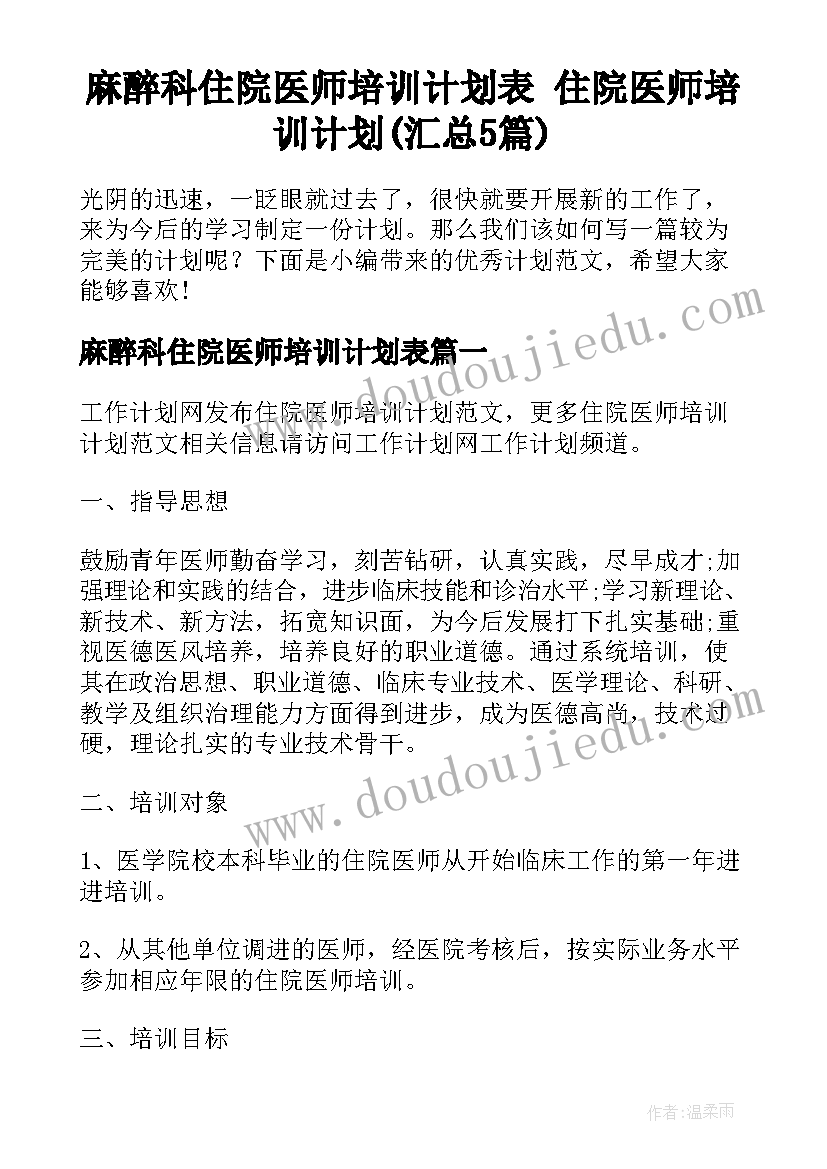 麻醉科住院医师培训计划表 住院医师培训计划(汇总5篇)