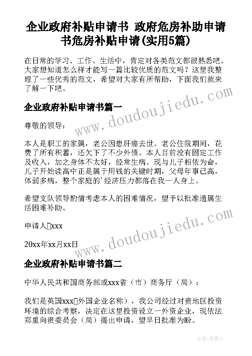 企业政府补贴申请书 政府危房补助申请书危房补贴申请(实用5篇)