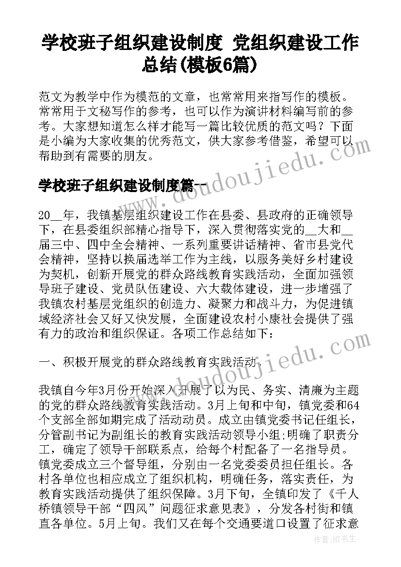 学校班子组织建设制度 党组织建设工作总结(模板6篇)