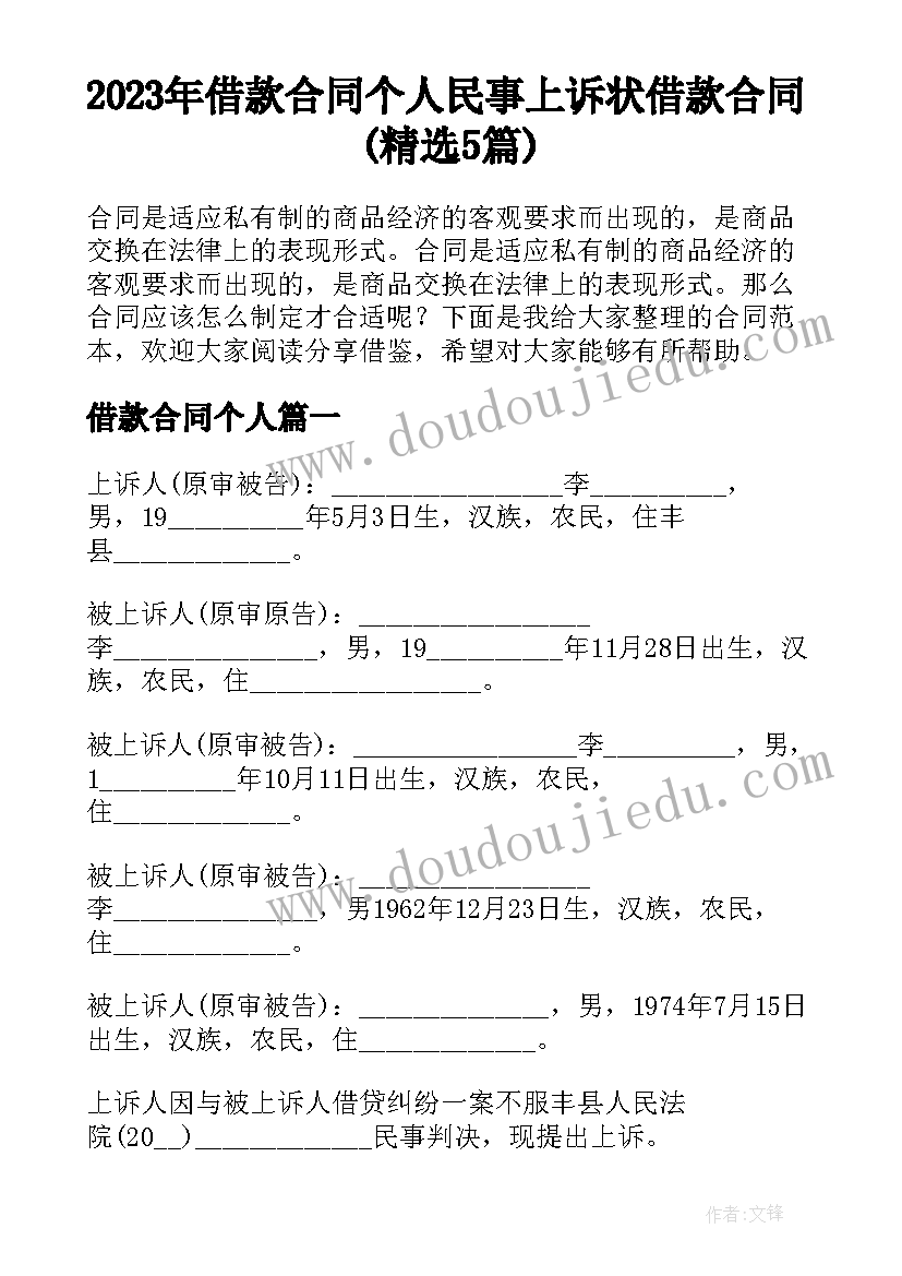 2023年借款合同个人 民事上诉状借款合同(精选5篇)