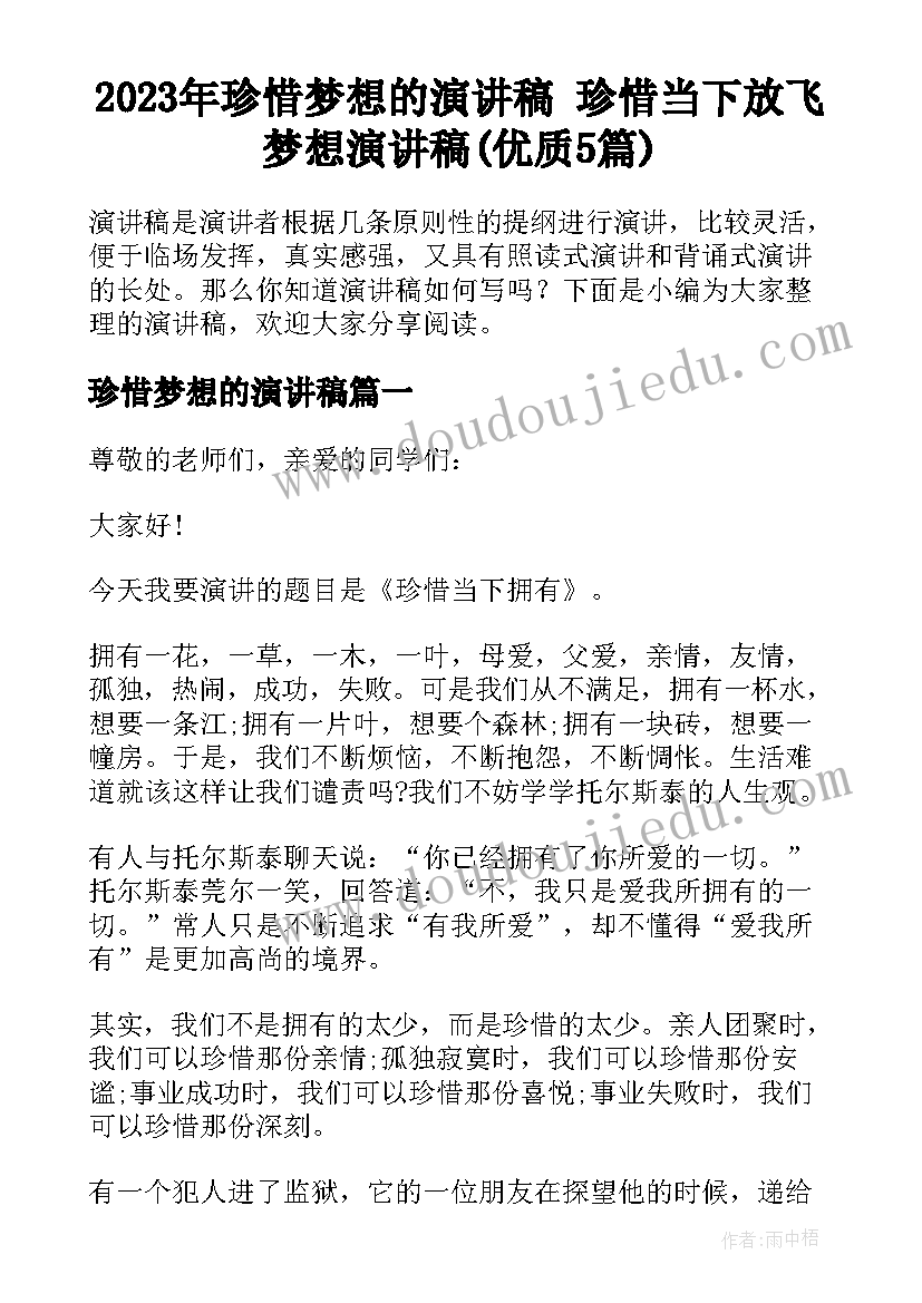 2023年珍惜梦想的演讲稿 珍惜当下放飞梦想演讲稿(优质5篇)