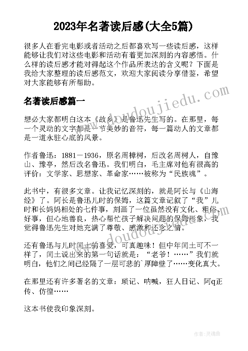 2023年名著读后感(大全5篇)