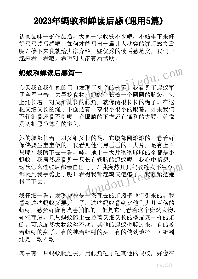 2023年蚂蚁和蝉读后感(通用5篇)