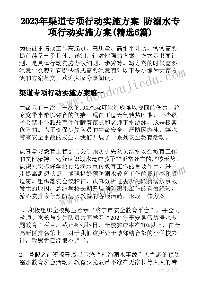 2023年渠道专项行动实施方案 防溺水专项行动实施方案(精选6篇)