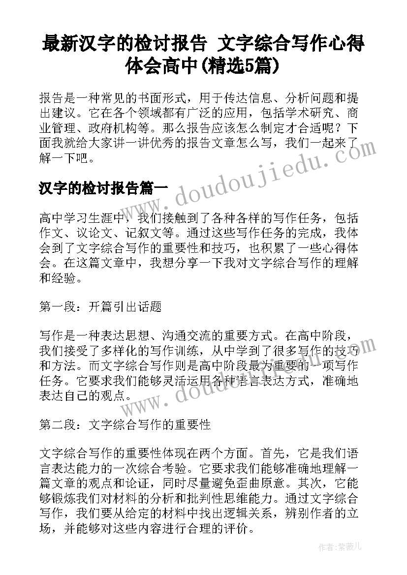 最新汉字的检讨报告 文字综合写作心得体会高中(精选5篇)