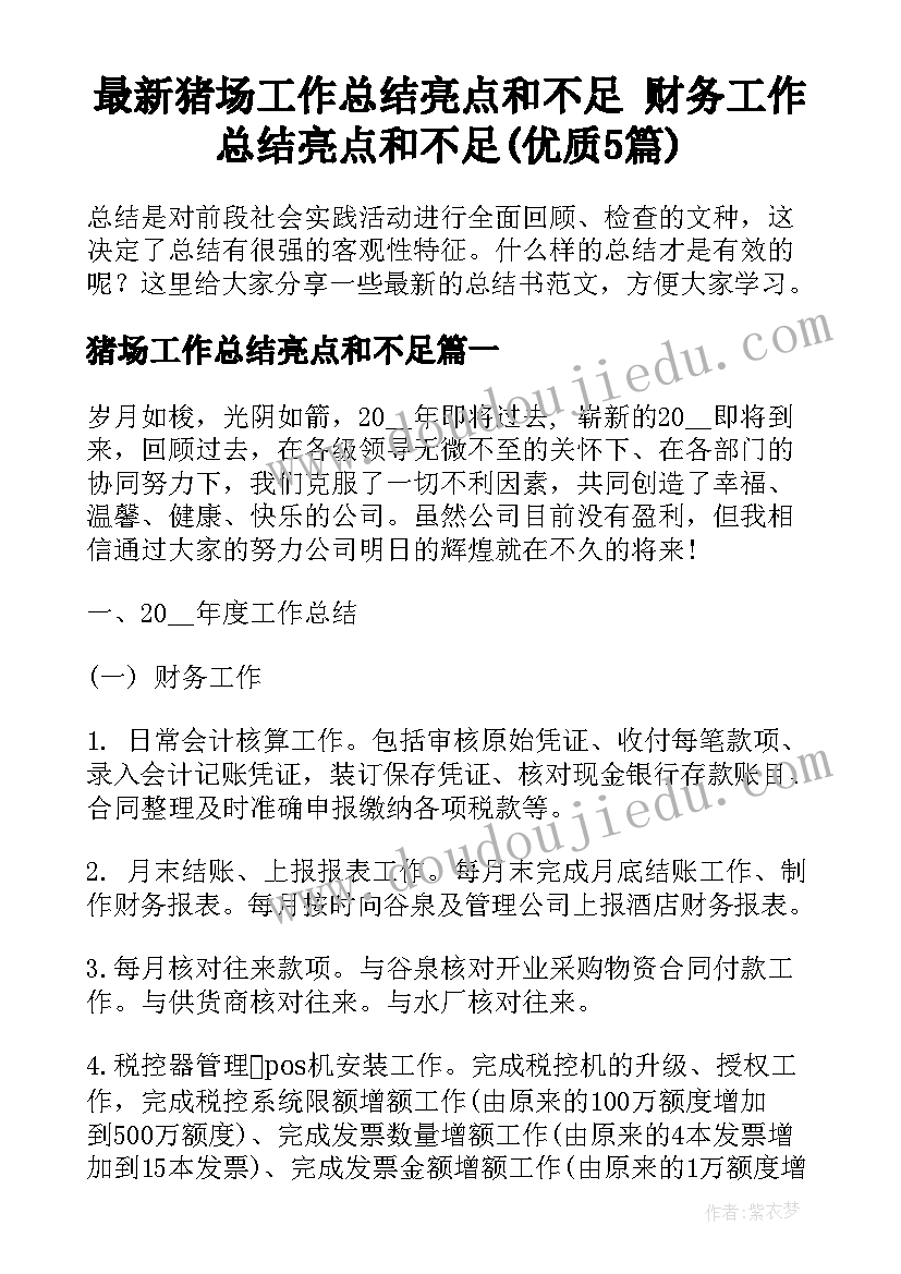 最新猪场工作总结亮点和不足 财务工作总结亮点和不足(优质5篇)