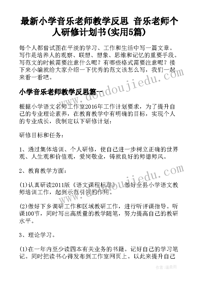 最新小学音乐老师教学反思 音乐老师个人研修计划书(实用5篇)