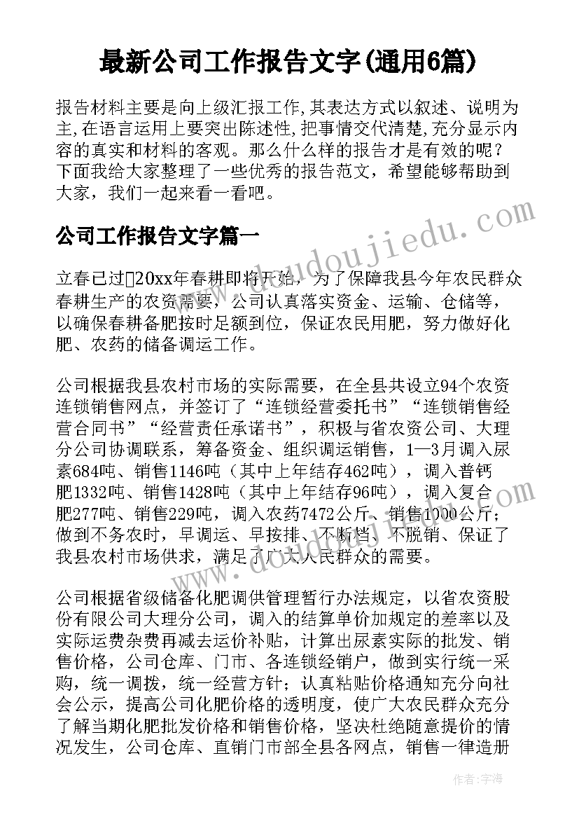 最新公司工作报告文字(通用6篇)