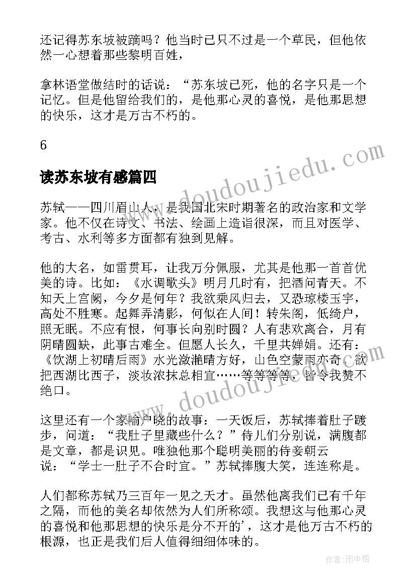 读苏东坡有感 苏东坡传读后感(实用6篇)