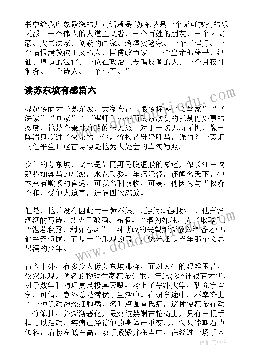 读苏东坡有感 苏东坡传读后感(实用6篇)