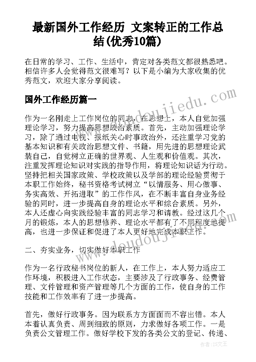 最新国外工作经历 文案转正的工作总结(优秀10篇)