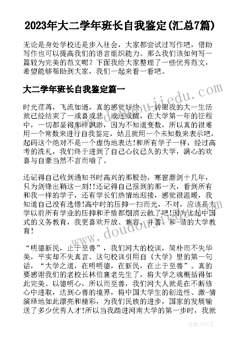 2023年大二学年班长自我鉴定(汇总7篇)