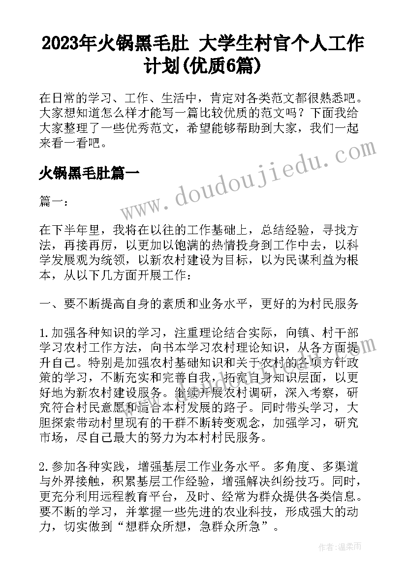 2023年火锅黑毛肚 大学生村官个人工作计划(优质6篇)