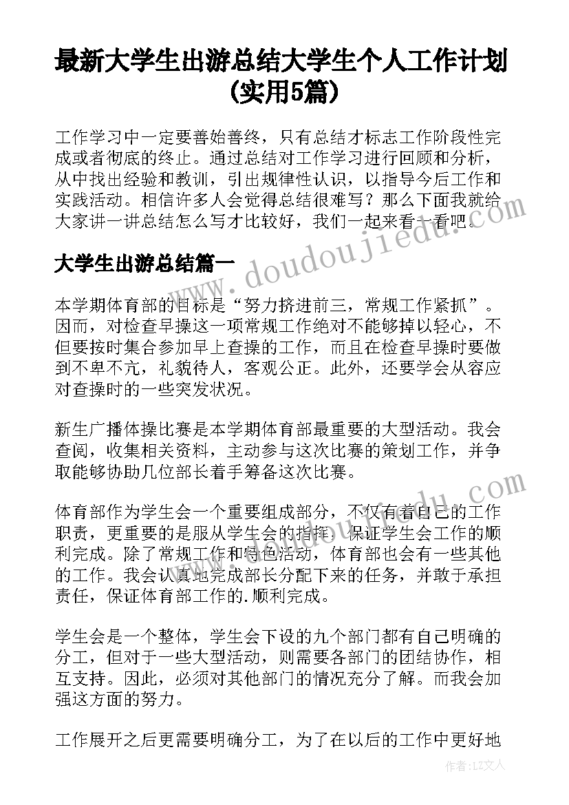 最新大学生出游总结 大学生个人工作计划(实用5篇)