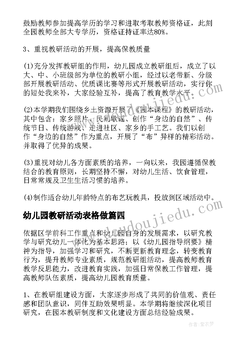 最新幼儿园教研活动表格做 幼儿园教研活动总结(大全7篇)