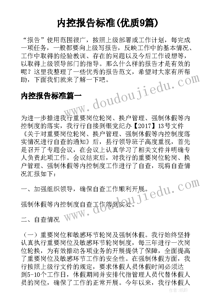 内控报告标准(优质9篇)