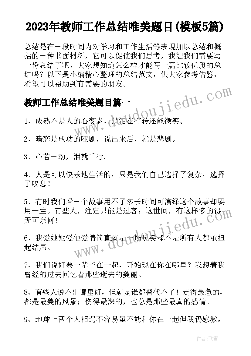 2023年教师工作总结唯美题目(模板5篇)