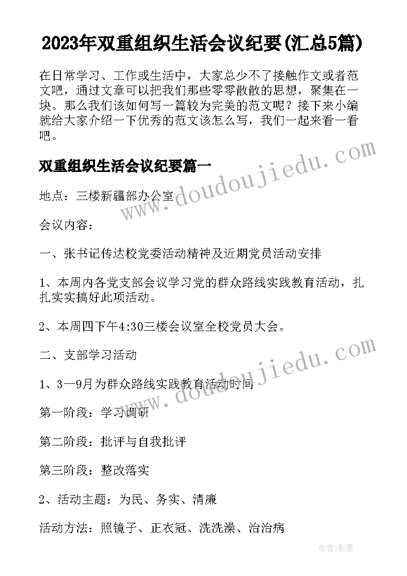 2023年双重组织生活会议纪要(汇总5篇)