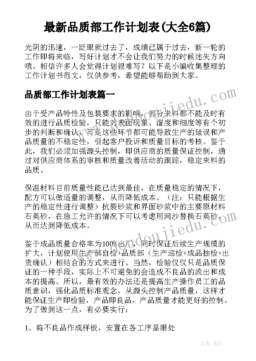 最新品质部工作计划表(大全6篇)