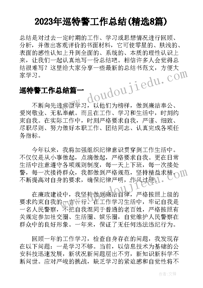 2023年巡特警工作总结(精选8篇)