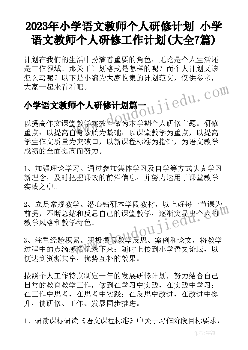 2023年小学语文教师个人研修计划 小学语文教师个人研修工作计划(大全7篇)