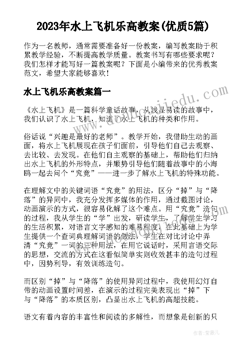 2023年水上飞机乐高教案(优质5篇)