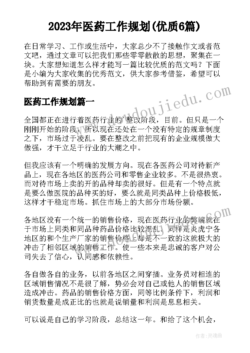 2023年医药工作规划(优质6篇)