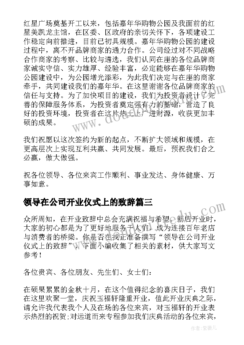 最新领导在公司开业仪式上的致辞(精选10篇)