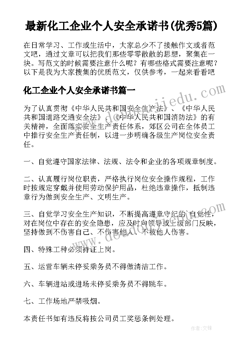 最新化工企业个人安全承诺书(优秀5篇)