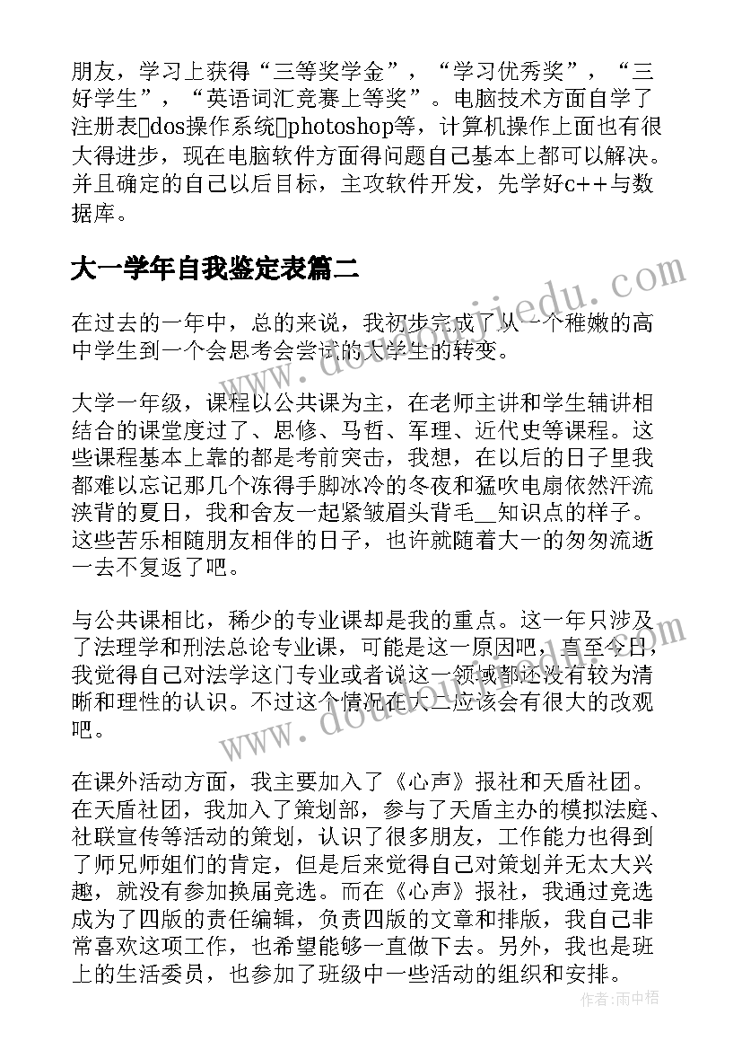 大一学年自我鉴定表(精选5篇)