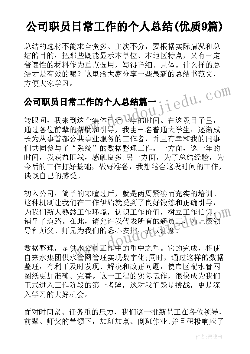 公司职员日常工作的个人总结(优质9篇)