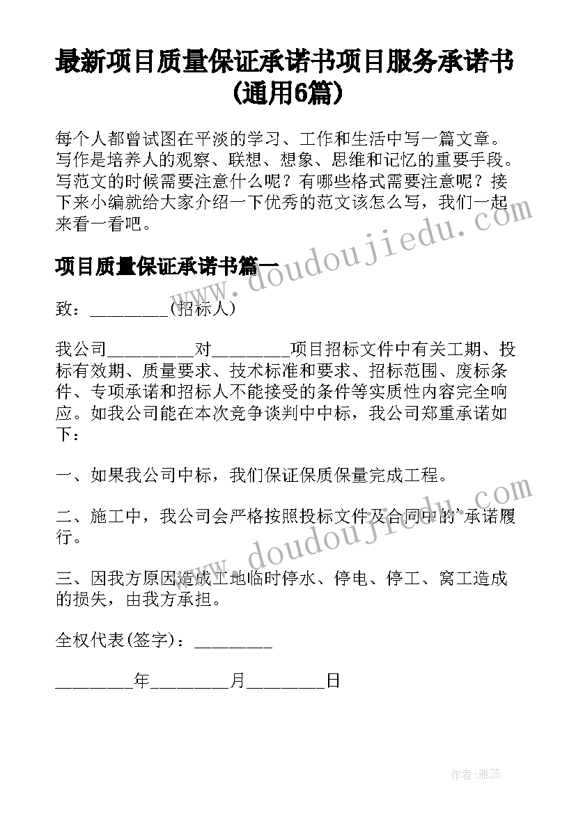 最新项目质量保证承诺书 项目服务承诺书(通用6篇)