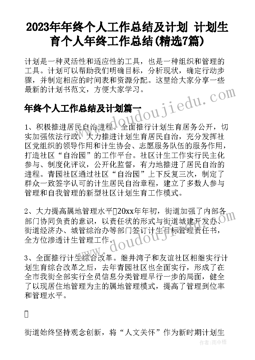 2023年年终个人工作总结及计划 计划生育个人年终工作总结(精选7篇)