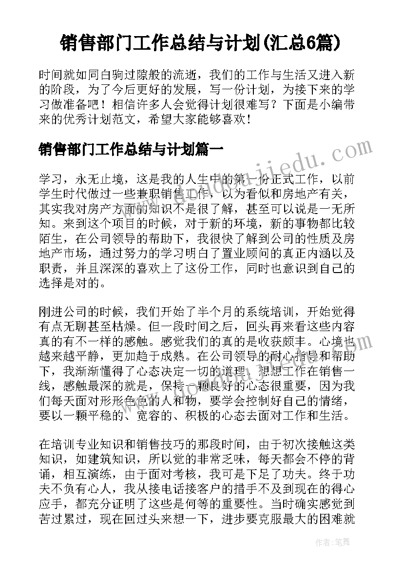 销售部门工作总结与计划(汇总6篇)