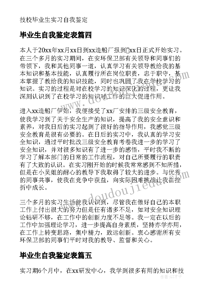 最新毕业生自我鉴定表(实用5篇)