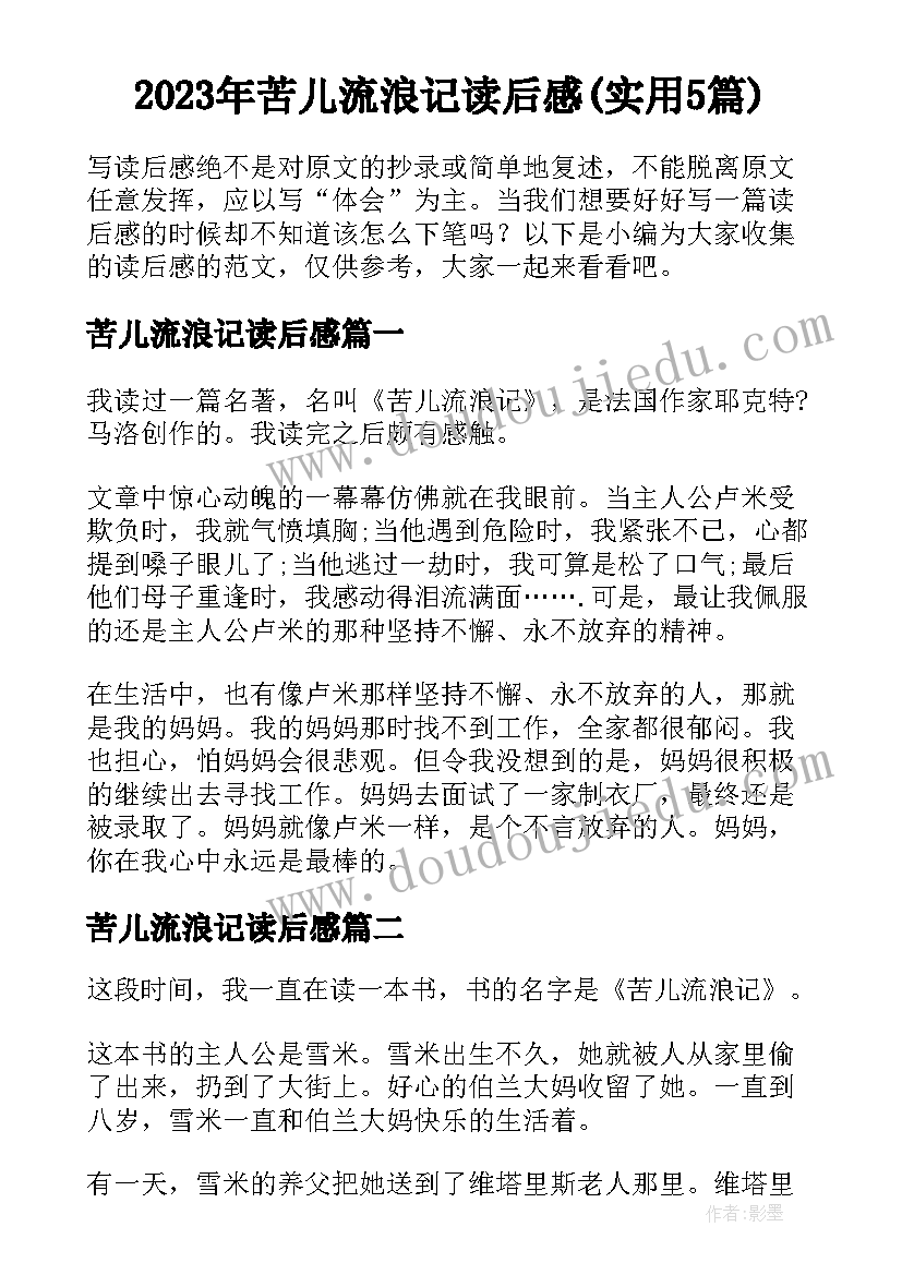 2023年苦儿流浪记读后感(实用5篇)