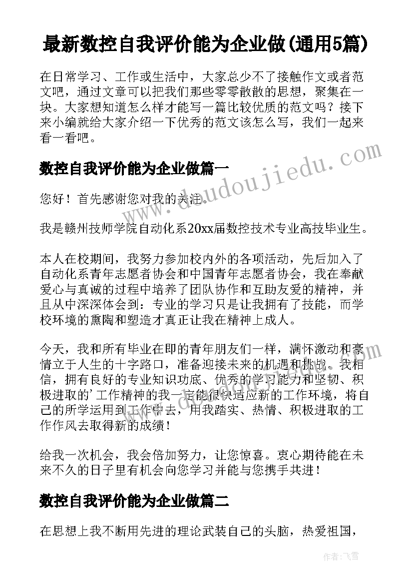 最新数控自我评价能为企业做(通用5篇)