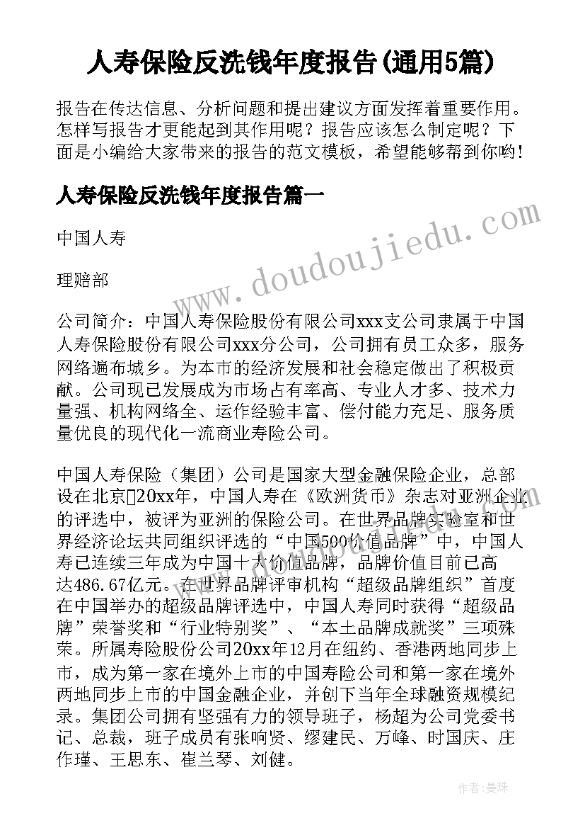 人寿保险反洗钱年度报告(通用5篇)