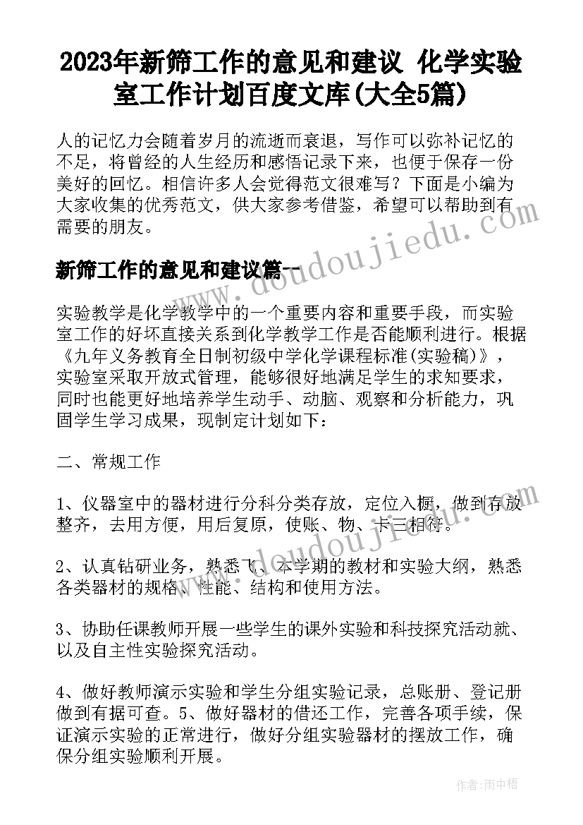 2023年新筛工作的意见和建议 化学实验室工作计划百度文库(大全5篇)