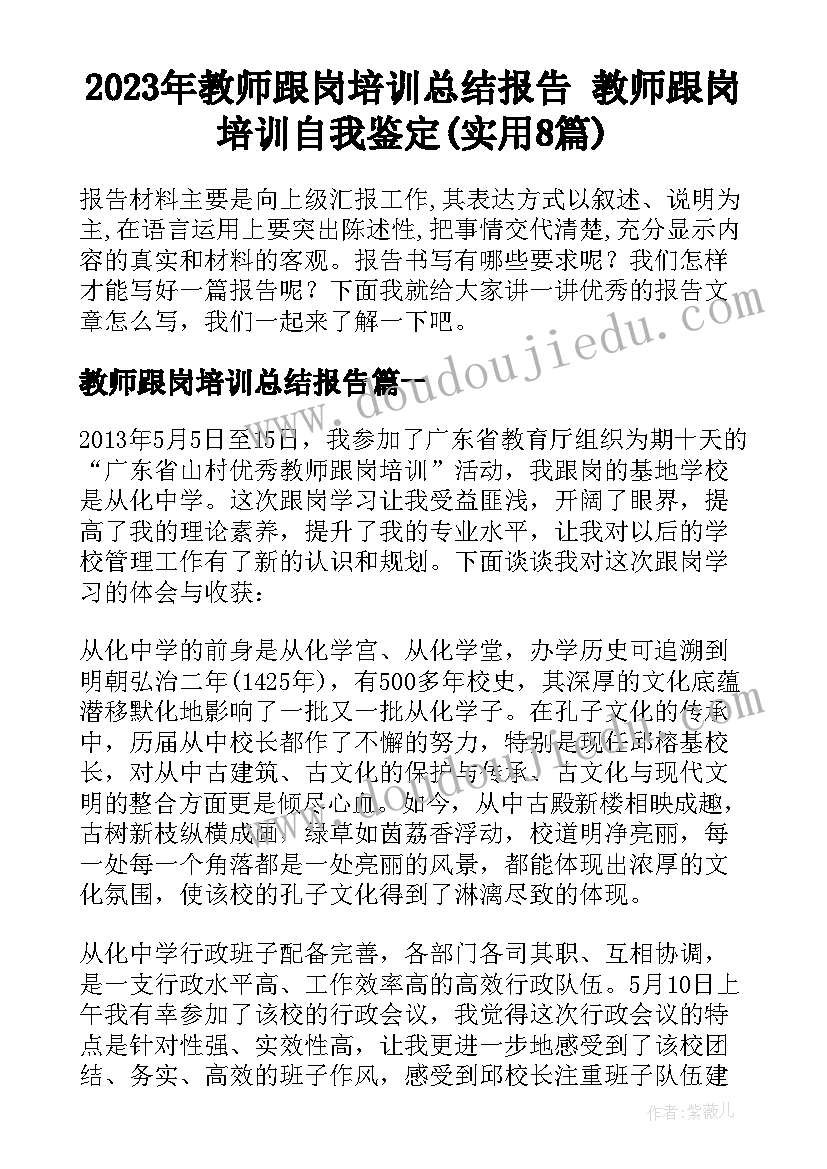 2023年教师跟岗培训总结报告 教师跟岗培训自我鉴定(实用8篇)