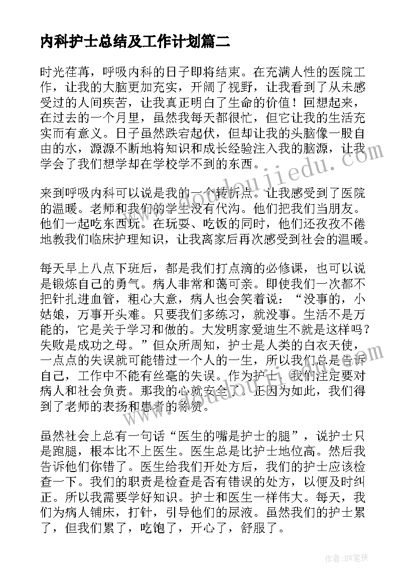 内科护士总结及工作计划(通用9篇)