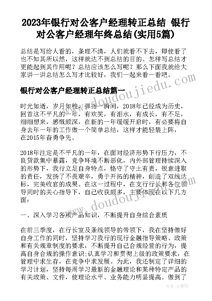 2023年银行对公客户经理转正总结 银行对公客户经理年终总结(实用5篇)