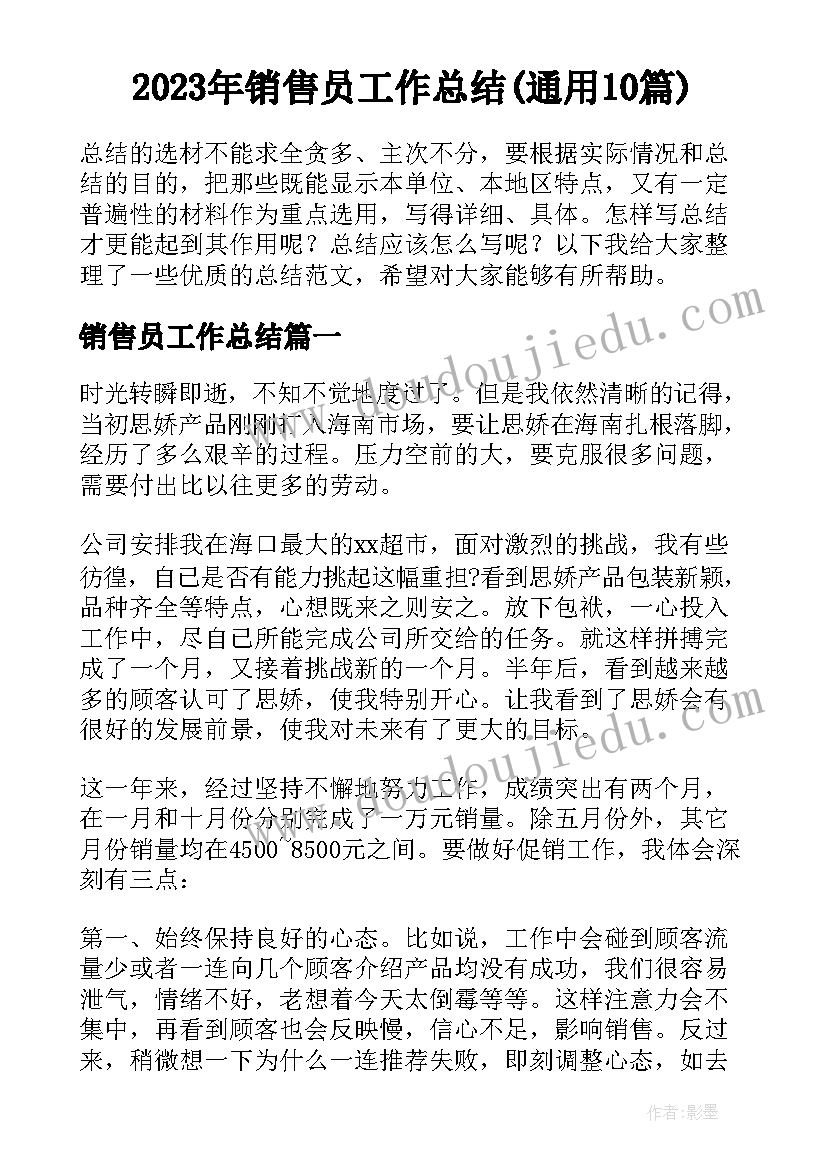 2023年销售员工作总结(通用10篇)