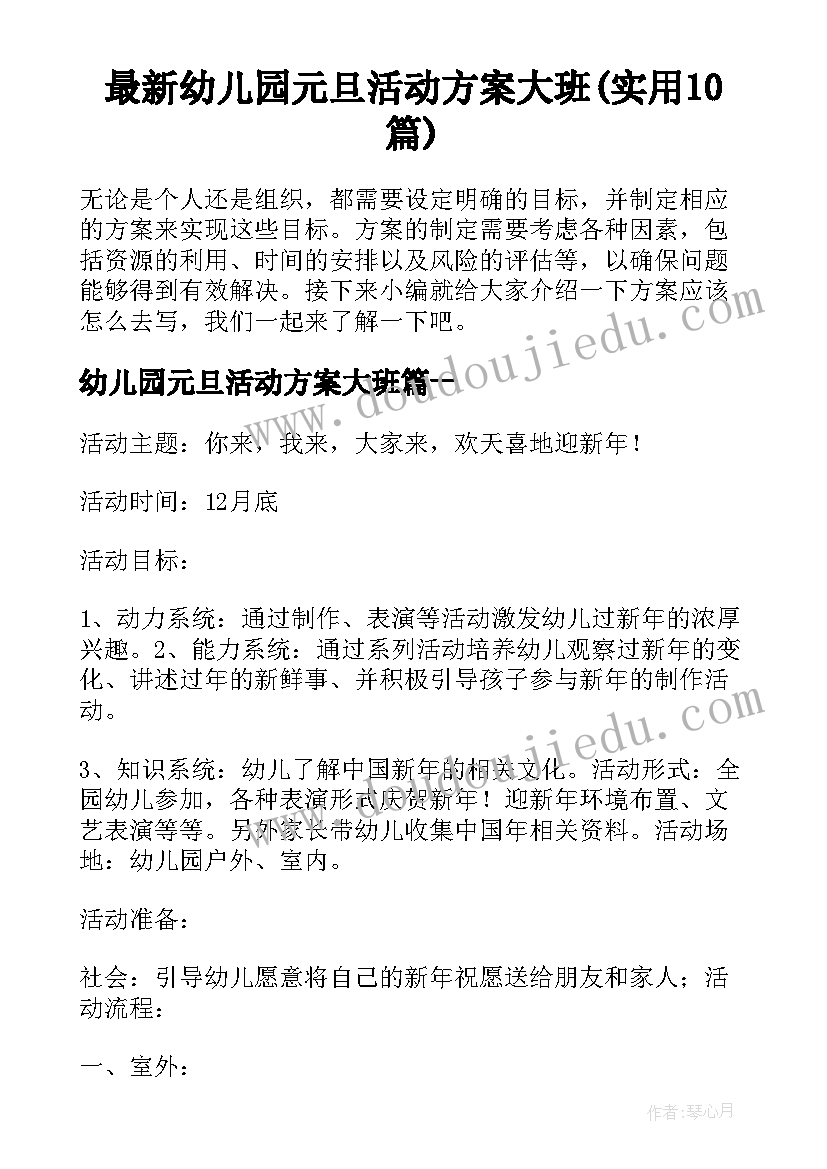 最新幼儿园元旦活动方案大班(实用10篇)