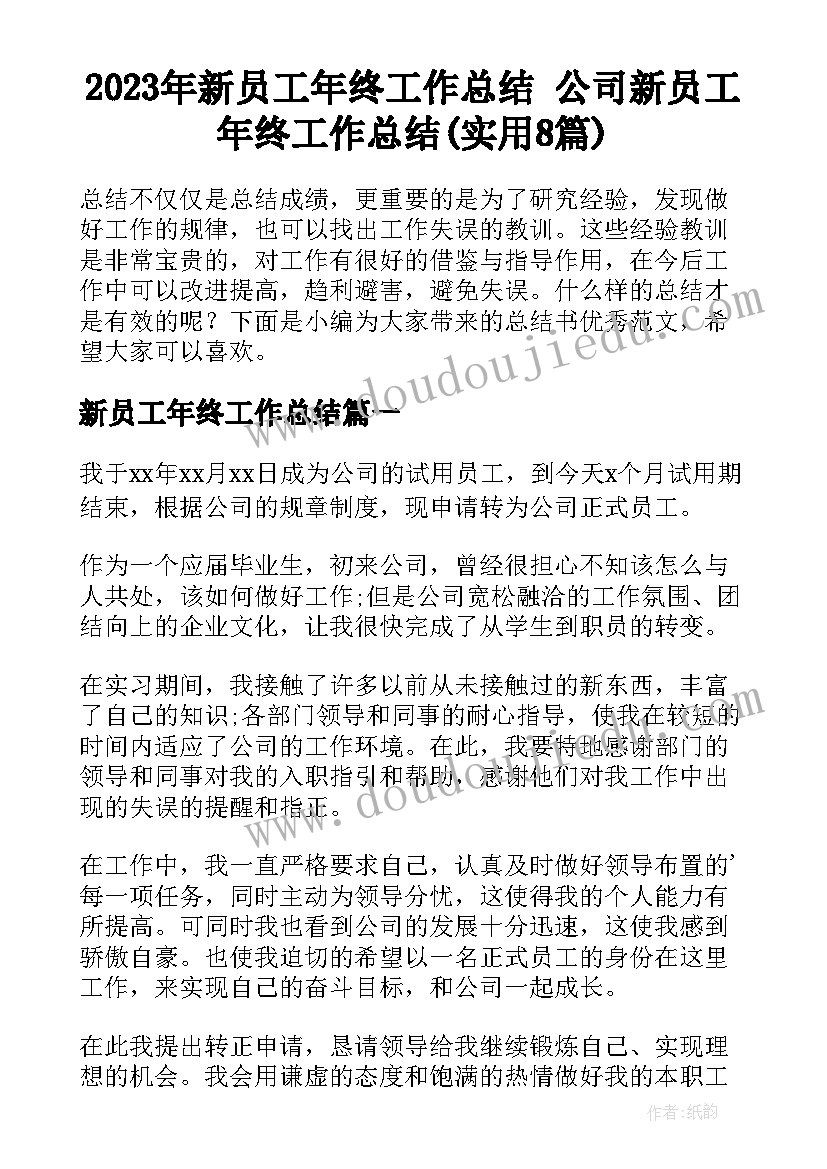 2023年新员工年终工作总结 公司新员工年终工作总结(实用8篇)